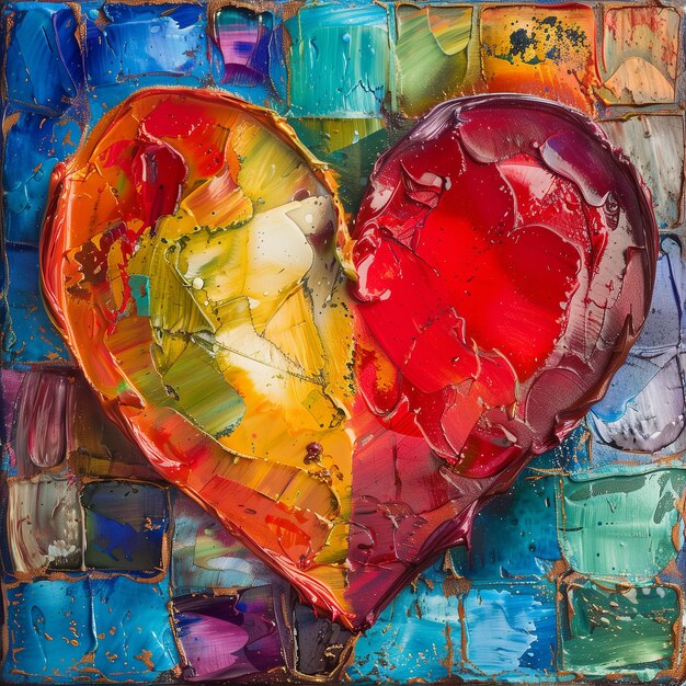 Cuore vibrante su mosaico strutturato Una vivace pittura ad olio per temi d'amore e ispirazione artistica