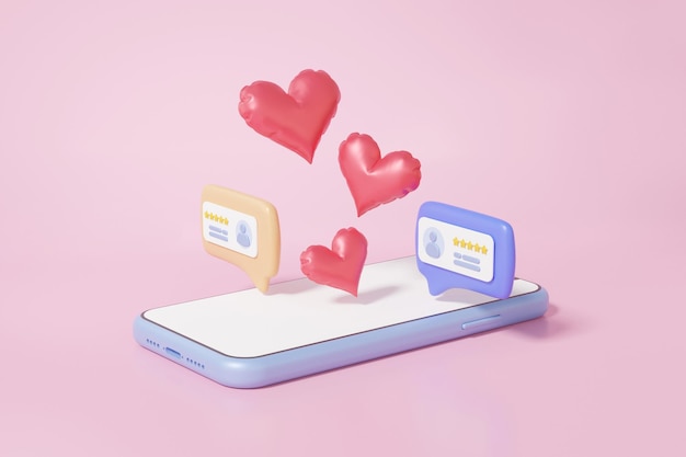 Cuore volante felice giorno di San Valentino su sfondo rosa Mostra chat alert due bolle di conversazione valutazione commento messaggio sms comunicazione tramite telefono cellulare social media online concetto 3d render illustrazione