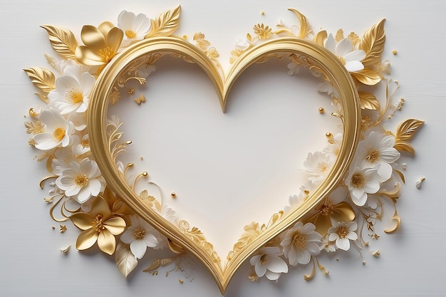 Cuori d'oro 3D illustrati e fiori elemento di design per l'invito al matrimonio di San Valentino fondo confine o cornice con spazio di copia