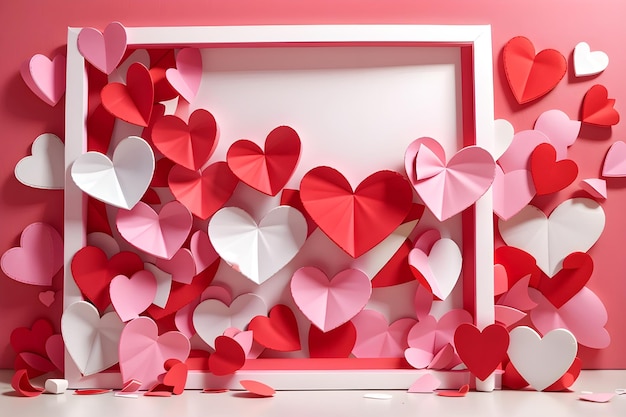 Cuori di carta rossa e rosa 3D con confine bianco di scudiero disegno per il giorno di San Valentino