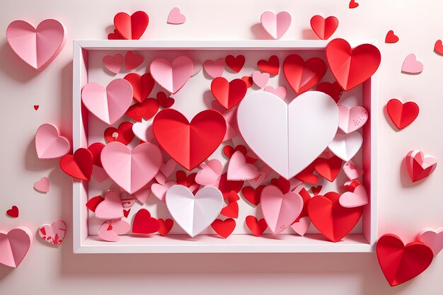 Cuori di carta rossa e rosa 3D con confine bianco di scudiero disegno per il giorno di San Valentino