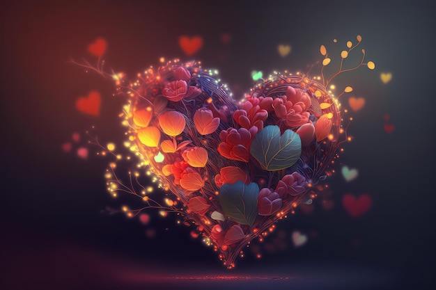 Cuori di San Valentino 3d colorati con elementi di fiori ed effetto Bokeh