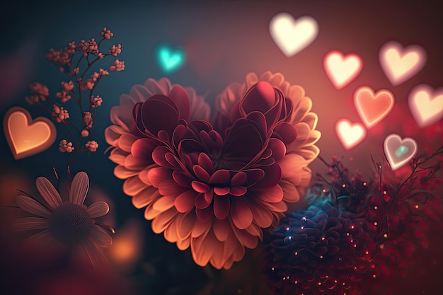 Cuori di San Valentino 3d colorati con elementi di fiori ed effetto Bokeh