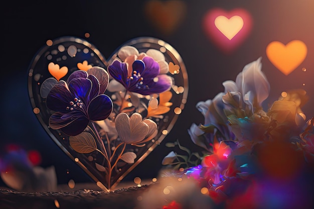 Cuori di San Valentino 3d colorati con elementi di fiori ed effetto Bokeh