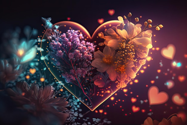 Cuori di San Valentino 3d colorati con elementi di fiori ed effetto Bokeh