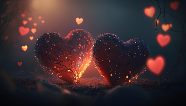 cuori innamorati, san valentino, romanticismo, cuori nel mezzo di un bellissimo sfondo, rendering 3d