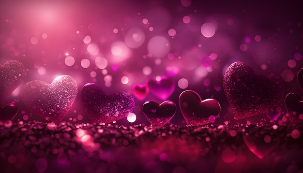 cuori luminosi con bokeh, il giorno di san valentino, romanticismo, illustrazione digitale, rendering 3d