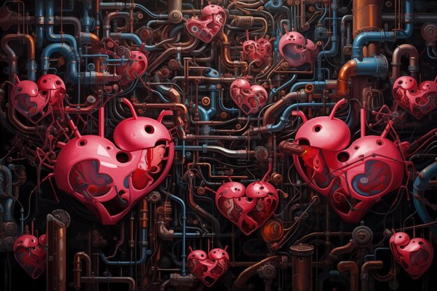Cuori meccanici e tubi in stile cyberpunk illustrazione di San Valentino