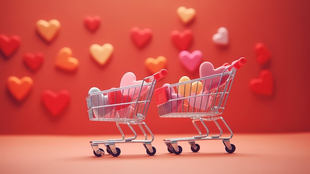 Cuori nel carrello della spesa e nel carrello del supermercato su sfondo colorato Generativo Ai