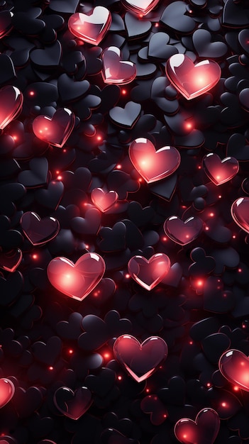 Cuori neri con luci rosse su un bellissimo sfondo scuro carta di San Valentino
