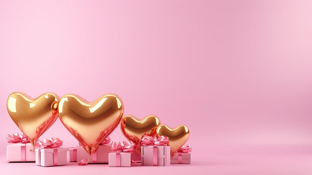 cuori palloncini con regali su sfondo rosa di San Valentino