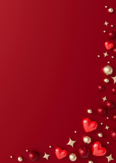 Cuori rossi lucidi perle d'oro e accenti stellari sparsi su uno sfondo rosso profondo sfondo verticale del giorno di San Valentino con spazio di copia disegno di cartoline di auguri Amore e passione rendering 3D
