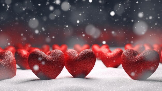 Cuori rossi scintillanti rivestiti di neve Simbolo di amore romantico e calore AI generativa