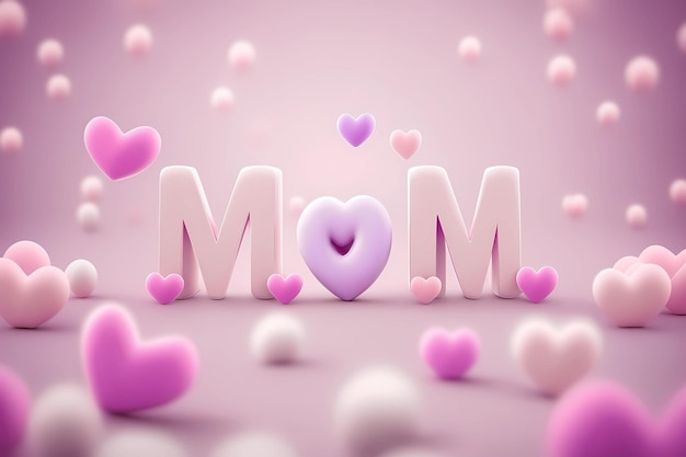 Cuori sfondo rosa viola con scritta MOM 3d bianca per la festa della mamma