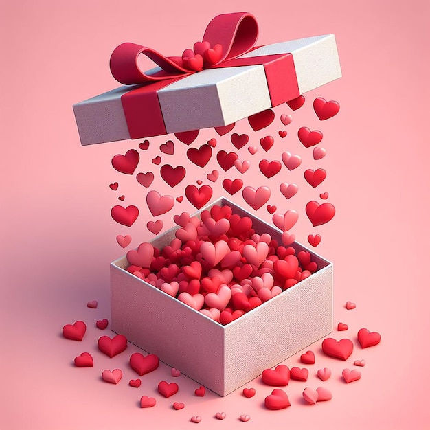 Cuori traboccanti da una scatola di regali d'amore