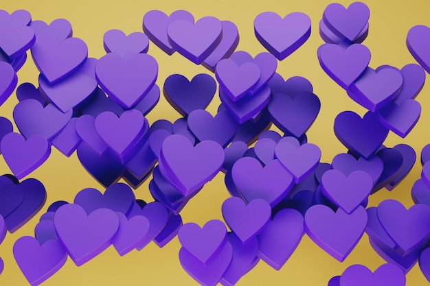 Cuori viola su sfondo giallo rendering 3d