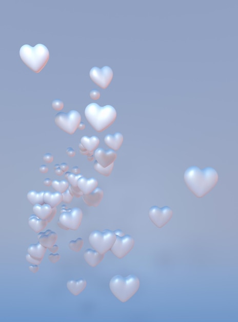 Cuori volanti blu argento 3D su sfondo minimale pastello Simbolo romantico dell'amore Il giorno di San Valentino