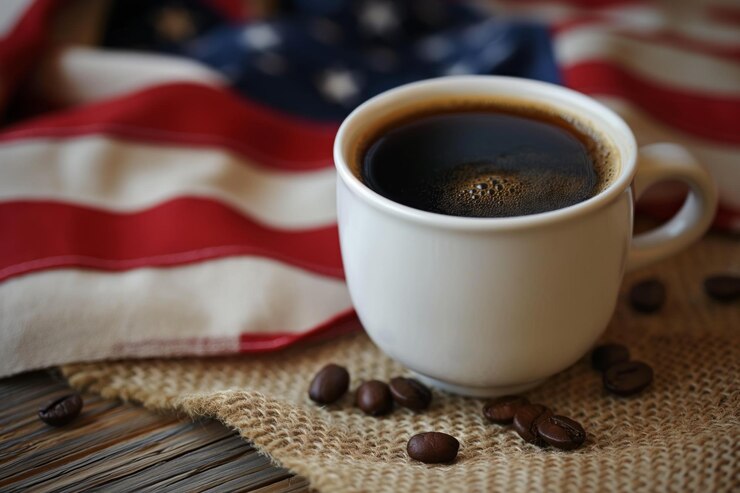 Cup of coffee on background of American flag Generative AI