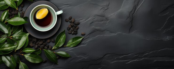 Cup of hot tea and tea leaves on dark luxury stone background banner Generative Ai
