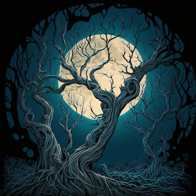 Cupa illustrazione grafica di alberi nodosi sullo sfondo della luna