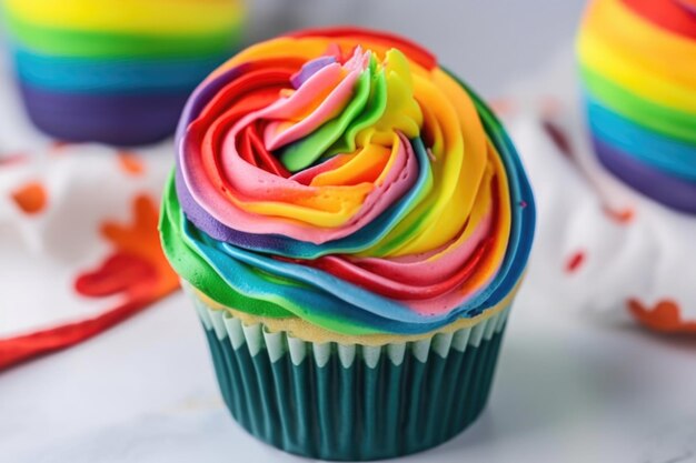 Cupcake a spirale arcobaleno con glassa di diversi colori creata con intelligenza artificiale generativa