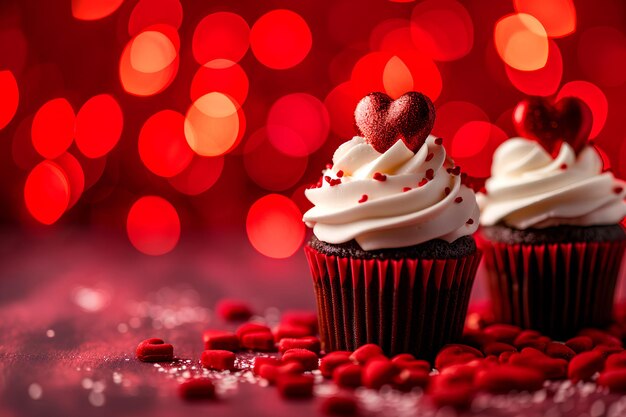 Cupcake a tema cuore per il giorno di San Valentino in mostra su uno sfondo di bokeh rosso