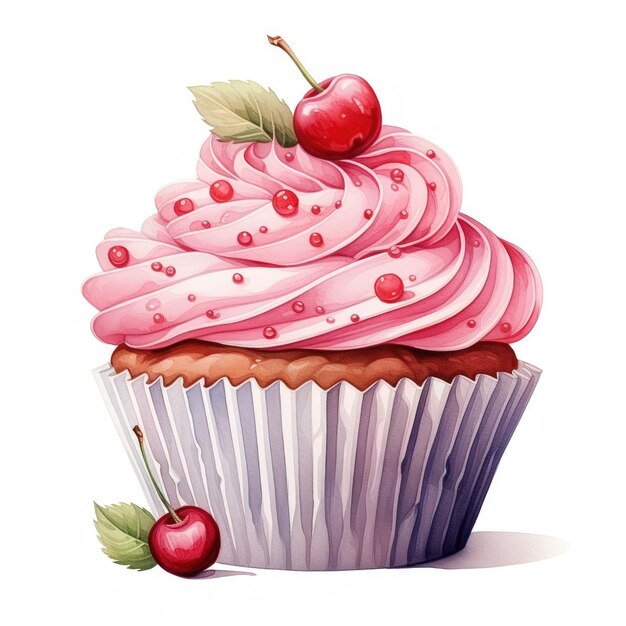 cupcake acquerello con ciliegia isolata