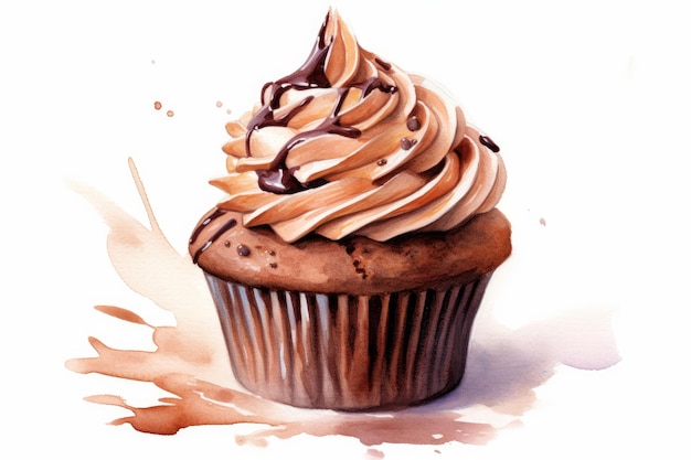 Cupcake acquerello con glassa di cioccolato infuso di caffè espresso su sfondo bianco generato dall'intelligenza artificiale