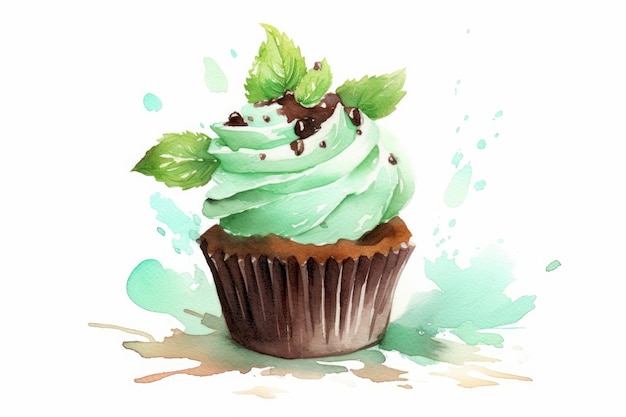 Cupcake acquerello con glassa di gocce di cioccolato alla menta e scaglie di cioccolato generato dall'intelligenza artificiale