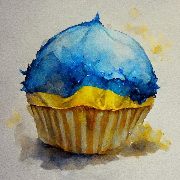 Cupcake ad acquerello giallo e blu Deliziosa torta alla vaniglia con crema