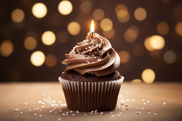 Cupcake al cioccolato con ciliegina rossa e cioccolata sopra un tavolo di legno