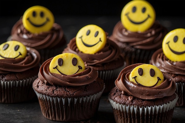 Cupcake al cioccolato con facce sorridenti su uno sfondo scuro