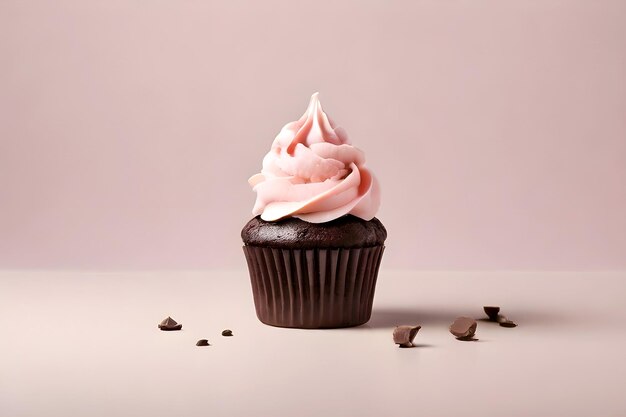 Cupcake al cioccolato con glassa rosa cremosa su una piattaforma di AI a sfondo chiaro