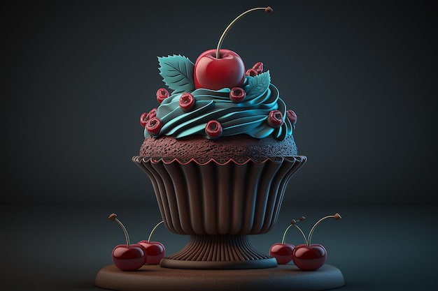 Cupcake al cioccolato con panna e ciliegia in sfondo scuro illustrazione IA generativa