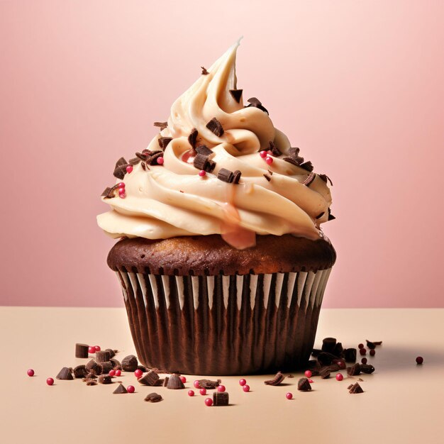 Cupcake al cioccolato con spruzzate isolate sul bianco