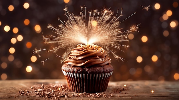 Cupcake al cioccolato con stelle filanti e cuore di luce IA generativa