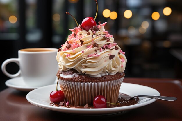 Cupcake al cioccolato decorato accanto al caffè fumante generativo IA