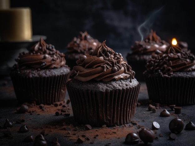 Cupcake al cioccolato su sfondo di legno scuro IA generativa