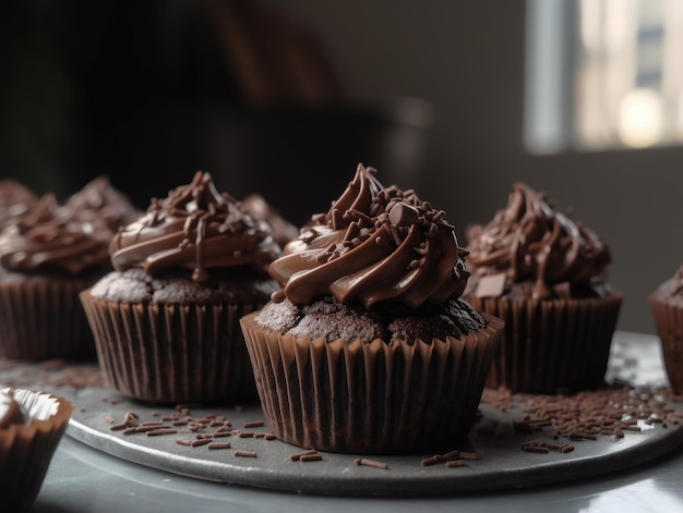 Cupcake al cioccolato su sfondo di legno scuro IA generativa