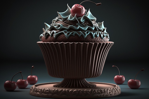 Cupcake al cioccolato torta con panna e ciliegia in sfondo scuro illustrazione IA generativa