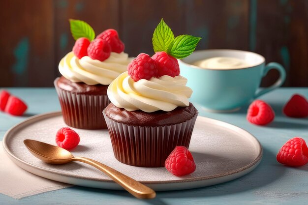 Cupcake al lampone alla vaniglia con topping di crema leggera guarnito con bacche