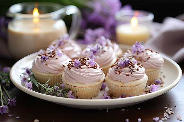 Cupcake al miele con lavanda e fiori commestibili su piatto di porcellana generativa IA