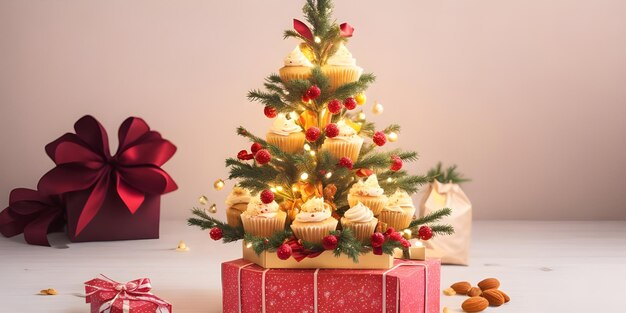 Cupcake albero di Natale frutta secca e scatole regalo minimalista sul tavolo di legno con luci bokeh