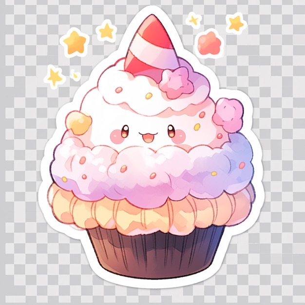 cupcake cartone animato con glassa rosa e un cappello da festa in cima ai generativo