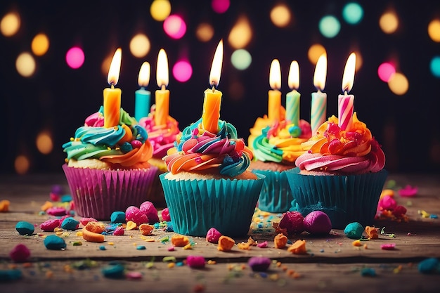 Cupcake colorati con candele che scrivono Buon compleanno
