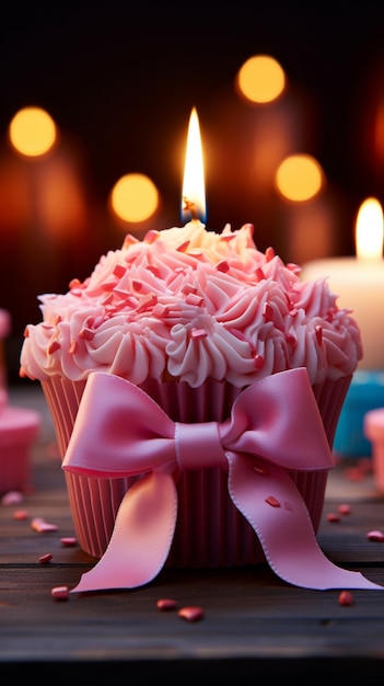 Cupcake colorato a lume di candela avvolto da un nastro rosa regala una celebrazione ardente della felicità Vertical Mobi