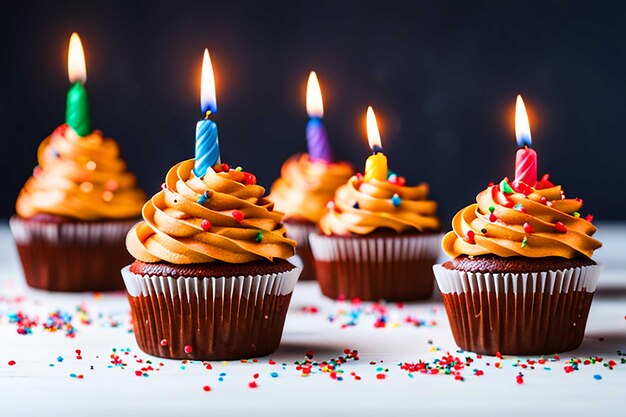 Cupcake compleanno fresco con candele accese su sfondo bianco