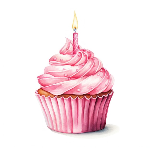 cupcake compleanno rosa acquerello con candela isolata