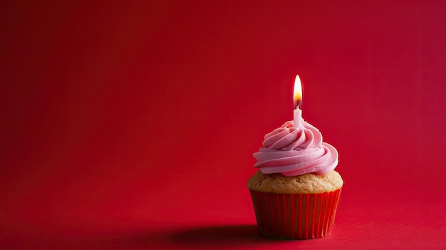 Cupcake compleanno rosso con glassa rosa e candela accesa