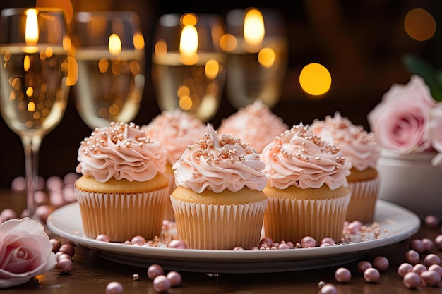 Cupcake con champagne in una scena romantica IA generativa